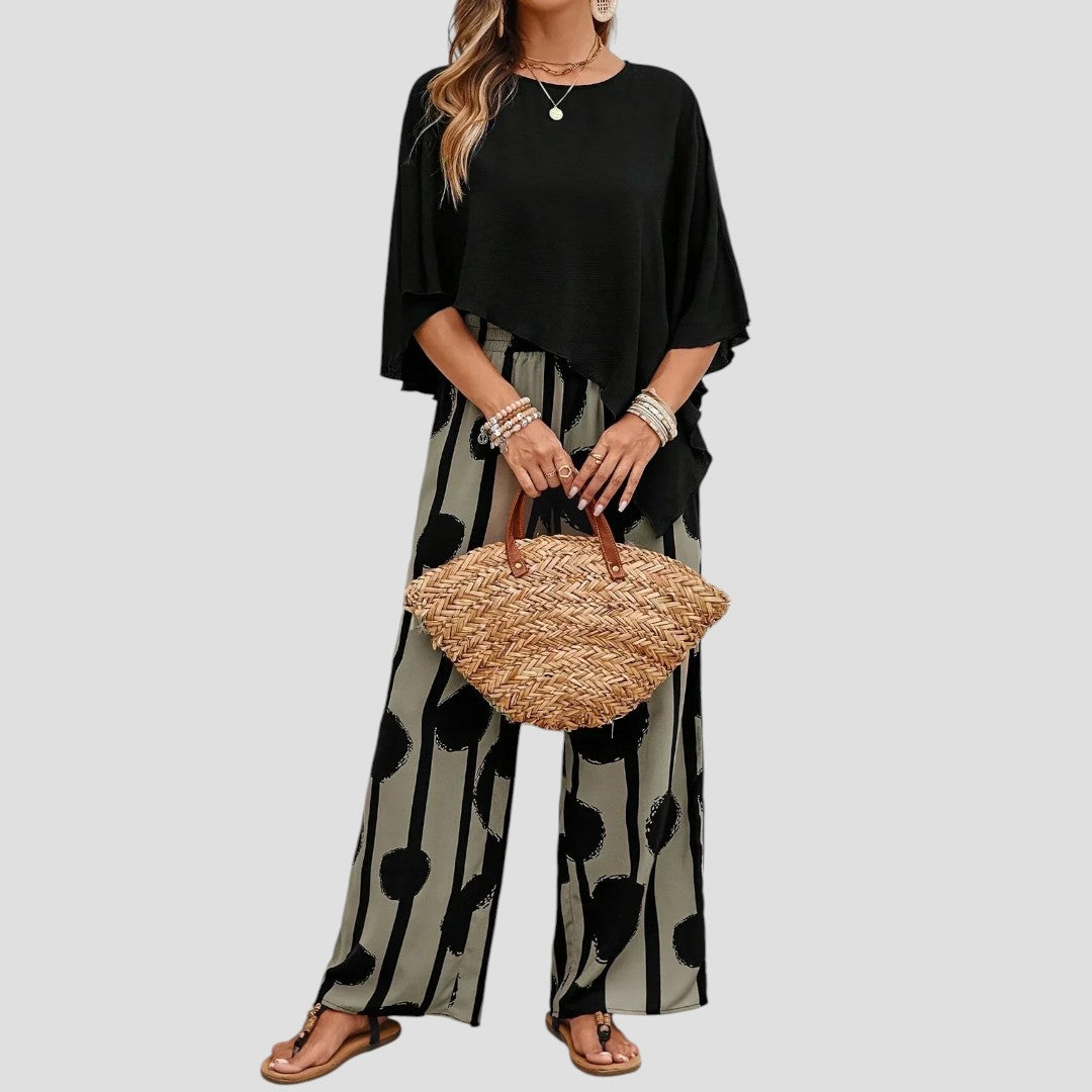 Amirah™ | Top asimmetrico e pantaloni stampati neutri