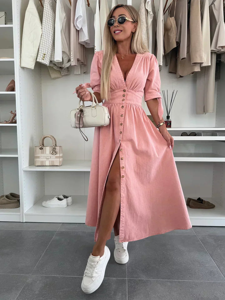 Nelya™ | Elegante Abito Jeans con Bottoni in Legno